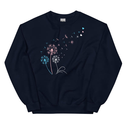 Navy sweatshirt with a colorful dandelion graphic on a white background