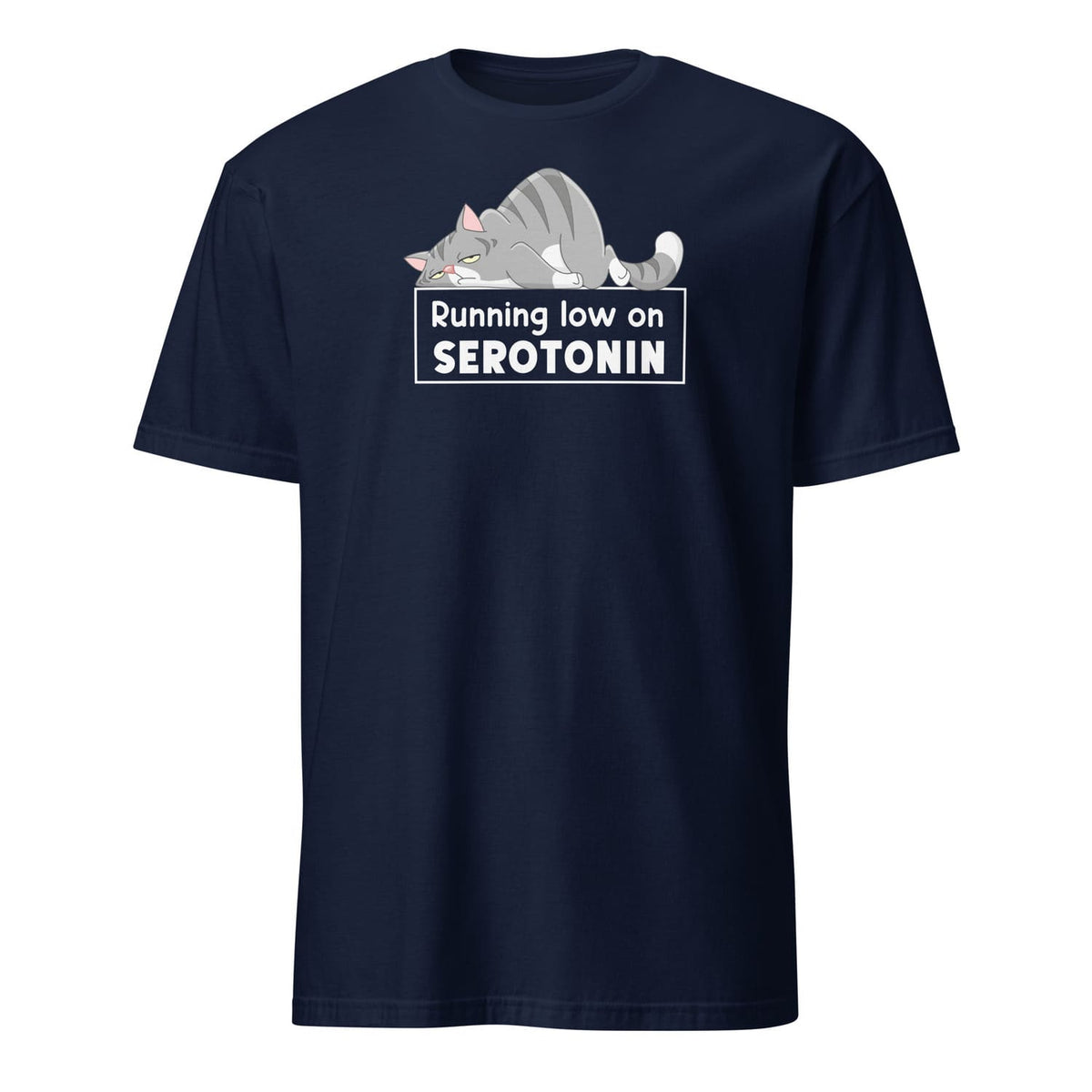 Navy blue mental health awareness  t-shirt with a graphic of a cat and text 'Running low on SEROTONIN' on a white background