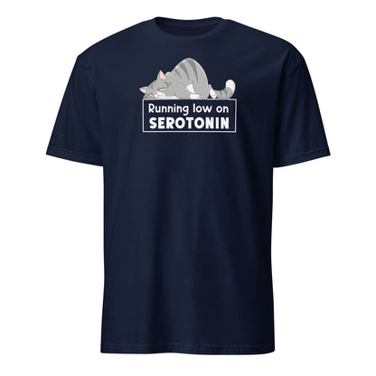 Navy blue mental health awareness  t-shirt with a graphic of a cat and text 'Running low on SEROTONIN' on a white background