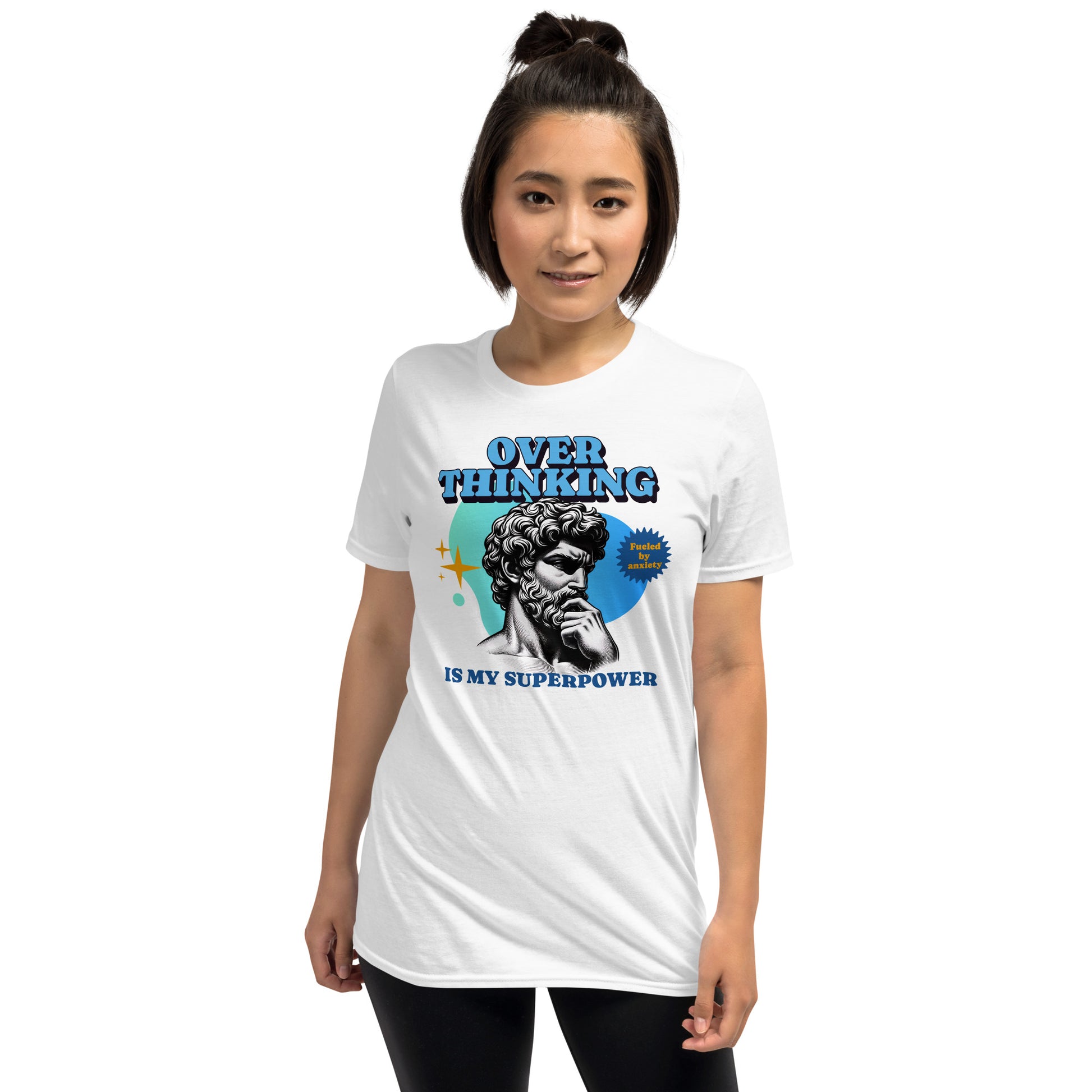 Person wearing a white t-shirt with a graphic design and text on a white background: Funny Overthinking Shirt, Anxiety Tee For Autistic, Autism Awareness T-Shirt, Sarcastic Gift For Overthinker, Neurodiverse Tee Neurospicy