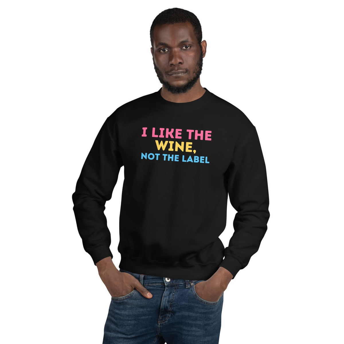 Man wearing a black pansexual sweatshirt with colorful text on a white background