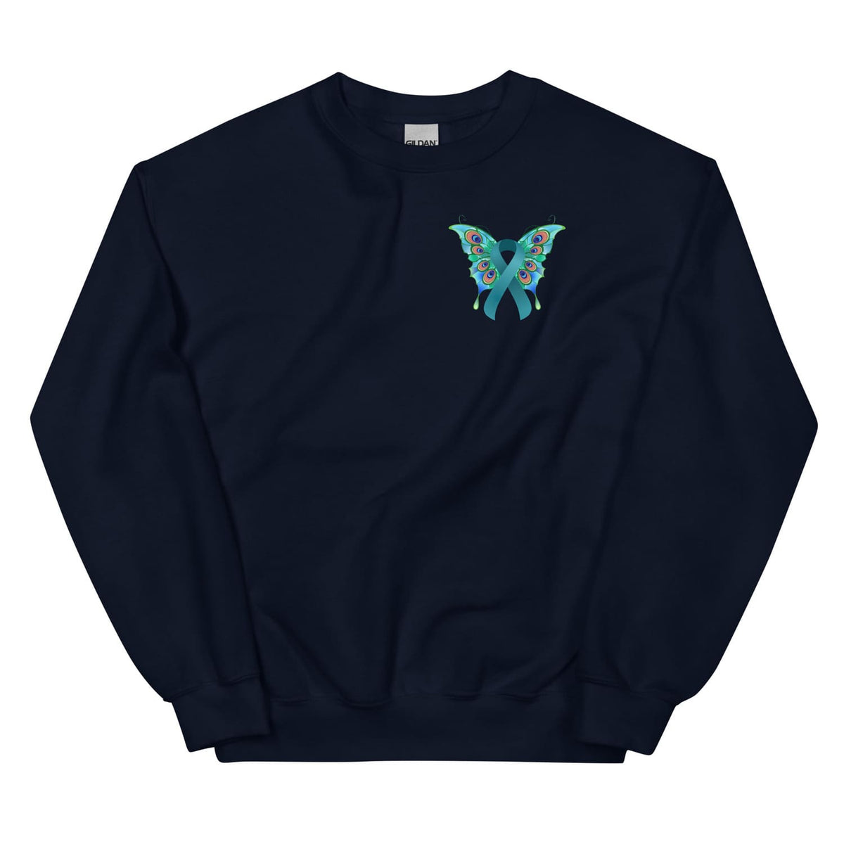Navy sweatshirt with a colorful butterfly design for ovarian cancer awareness on a white background